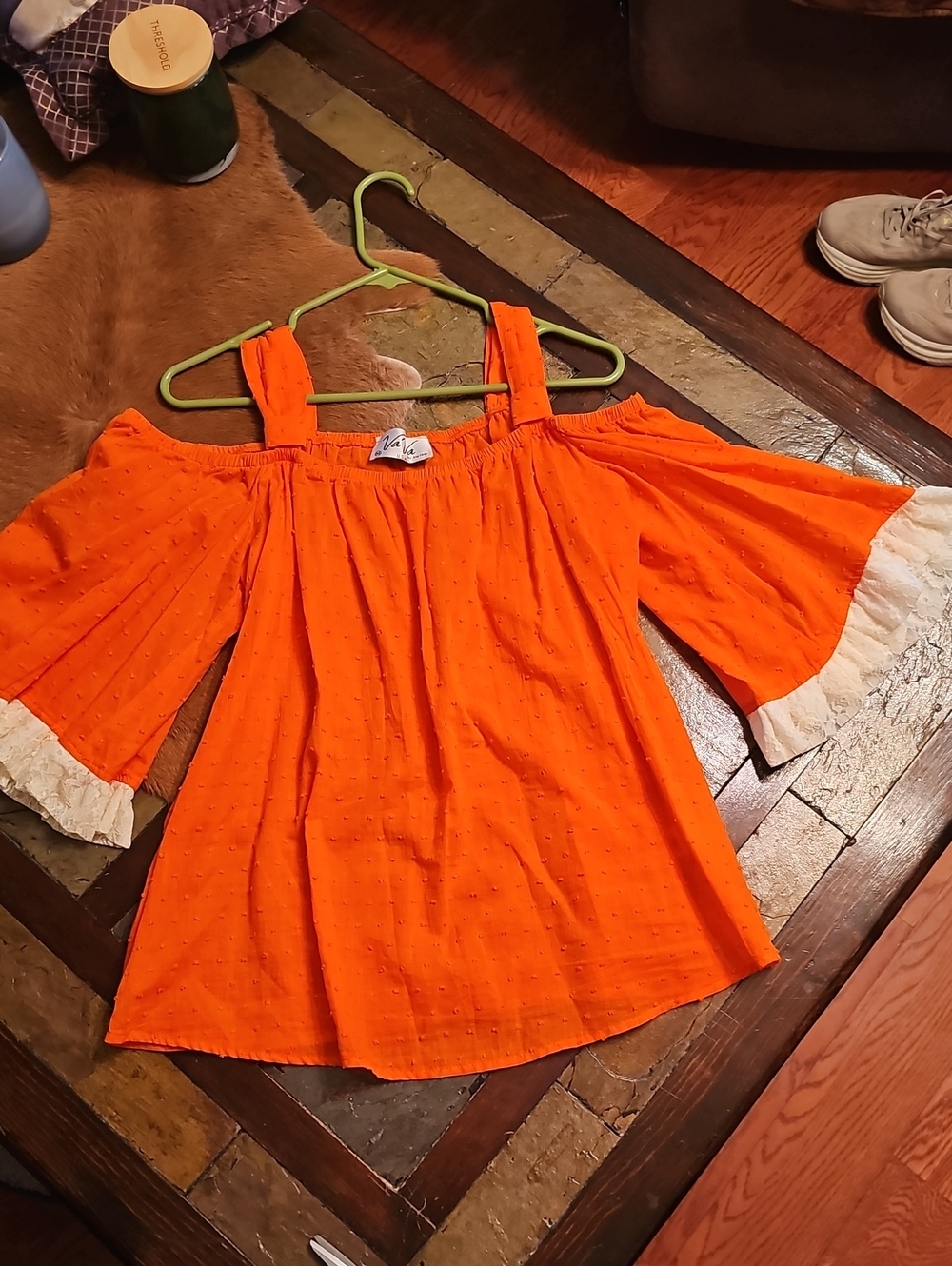 Va Va Voom Orange Off-Shoulder Blouse with Cream Trim